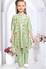 Pista Green Sequins Embroidered Set For Girls