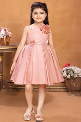 Peach Satin Frock With Floral Embellishment For Girls