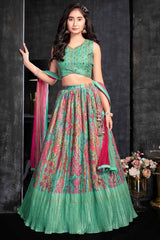 Pista Printed And Sequin Lehenga Choli For Girls