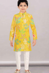 Yellow Full Sleeve And Floral Printed Kurta Set For Boys