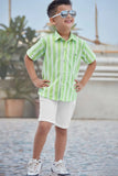 Green Striped Shirt With White Shorts Set For Boys