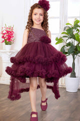 Wine Net Tailback Floral Embellishment Frock With Hairband For Girls