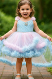 Blue Ruffle Party Frock With Stone Embellished And High-Low Hem For Girls