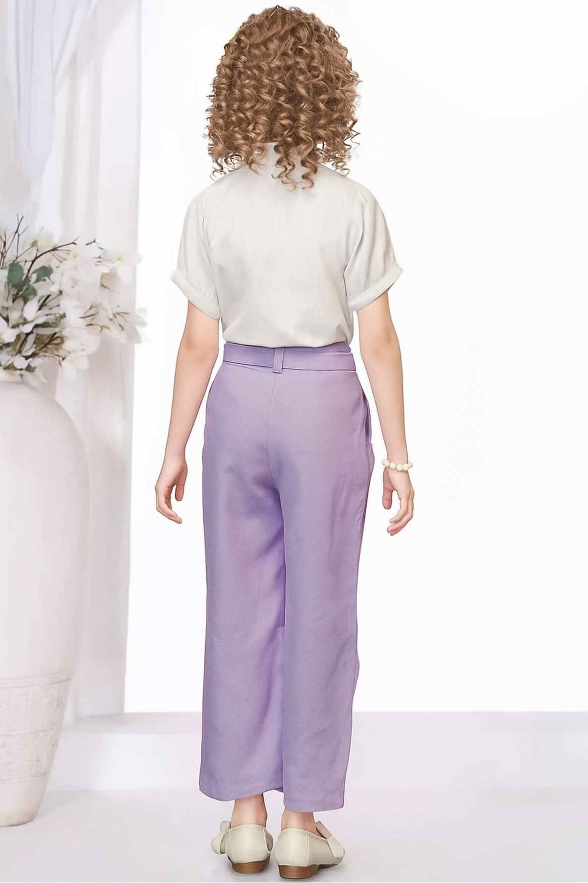 Purple Wide-Leg Pant With Floral Printed White Shirt For Girls