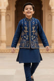 Navy Blue Kurta Pajama with Multicolored Embroidered Nehru Jacket Set For Boys