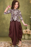Mocha Brown Draped Indo-Western Dhoti Set with Floral Peplum Top For Girls