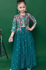 Peacock Green Zari Embroidered Palazzo Set With Overcoat  For Girls