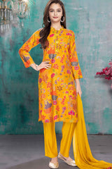 Yellow Printed Straight Kurta And Pant Set For Girls