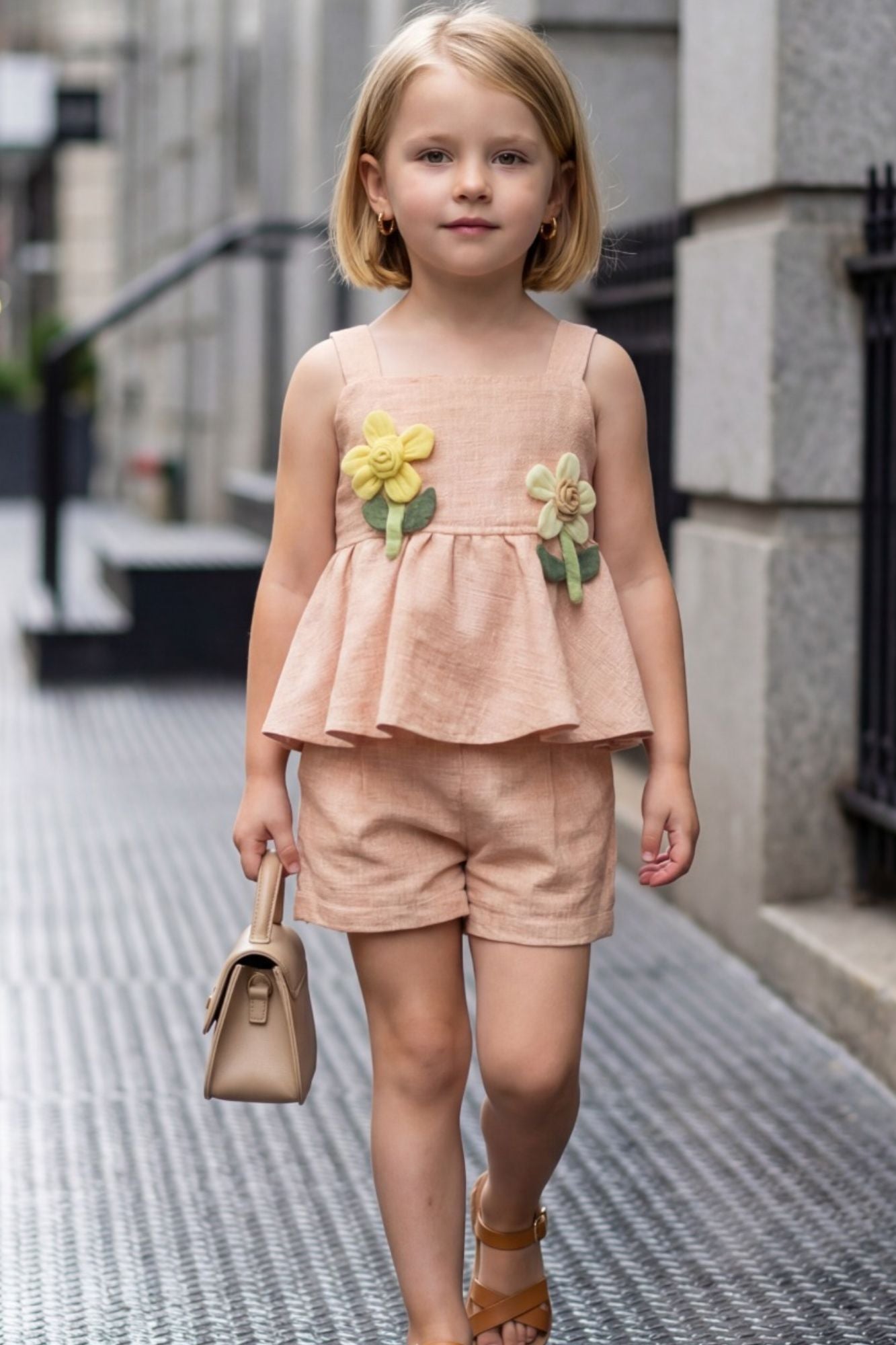 Girls Peach Peplum Top And Shorts Co-Ord Set with Floral Applique