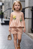 Girls Peach Peplum Top And Shorts Co-Ord Set with Floral Applique