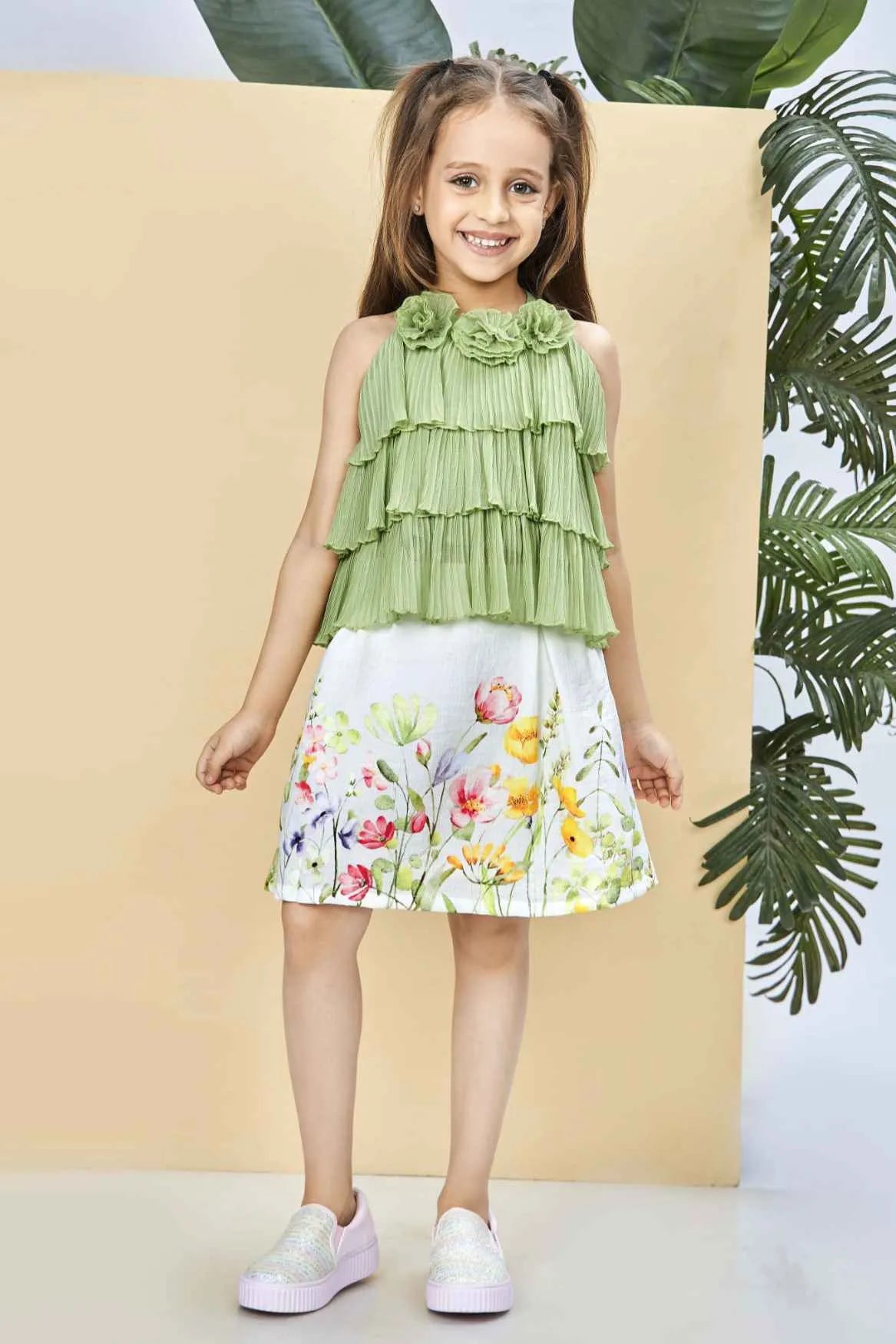 Green Tiered Top with White Floral Print Skirt Co-ord Set For Girls