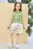 Green Tiered Top with White Floral Print Skirt Co-ord Set For Girls