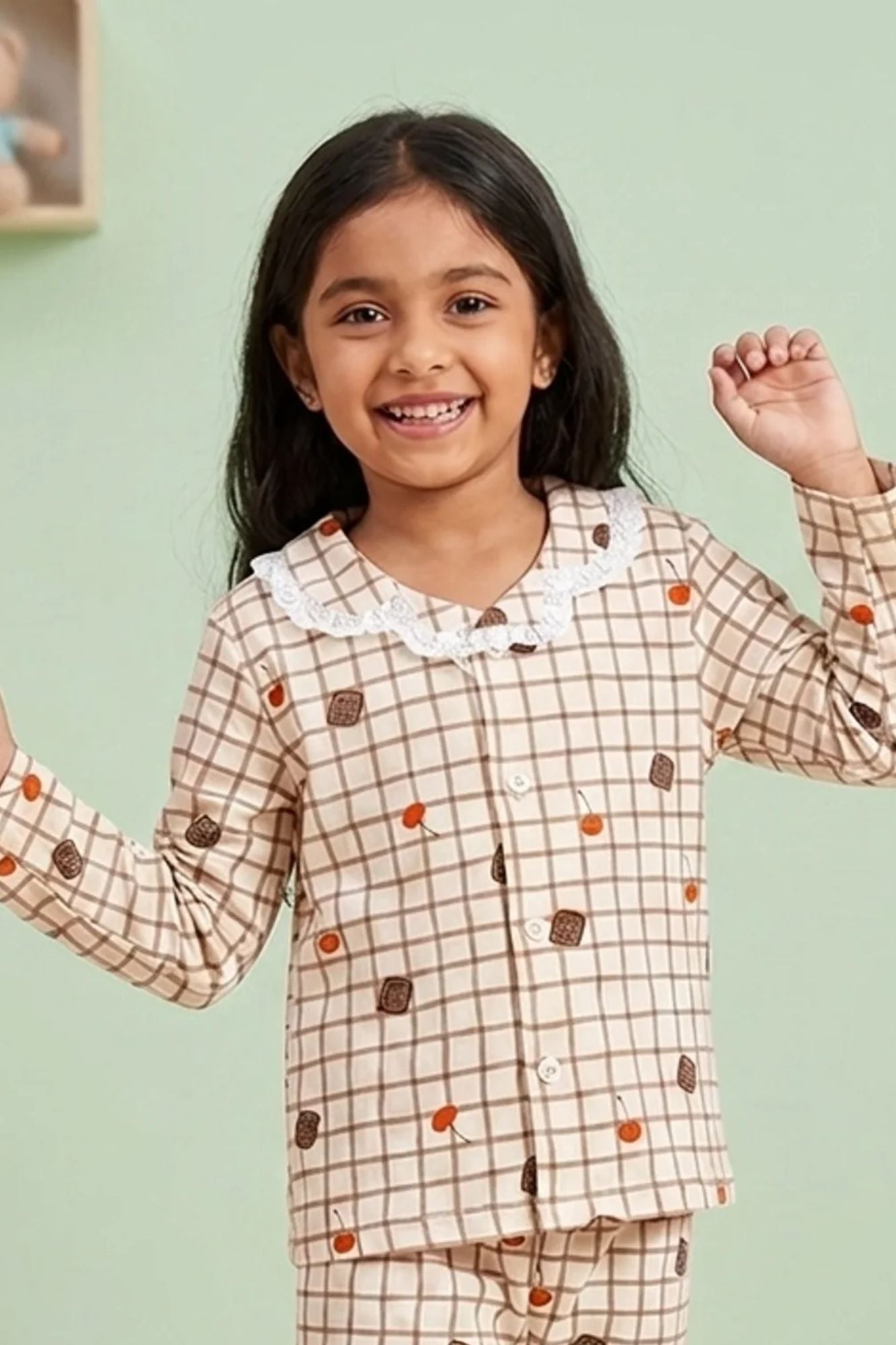 Girls Beige Checked Night Suit Set with Lace Collar
