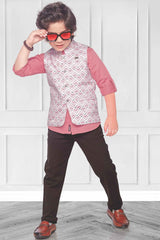 Stylish Peach Printed Waistcoat With Shirt And Pant Set For Boys