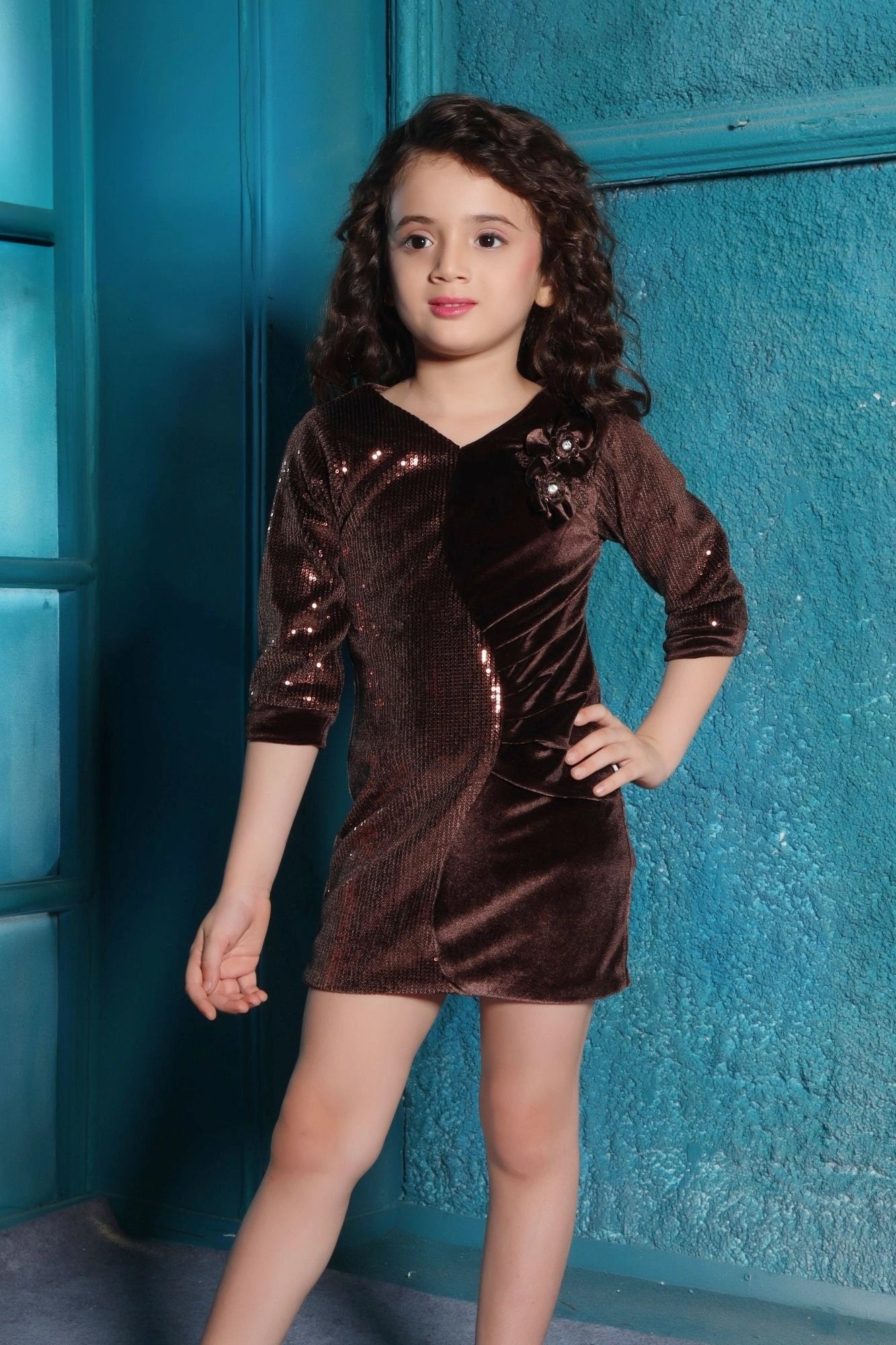 Brown Sparkle Velvet And Sequin Party Dress For Girls
