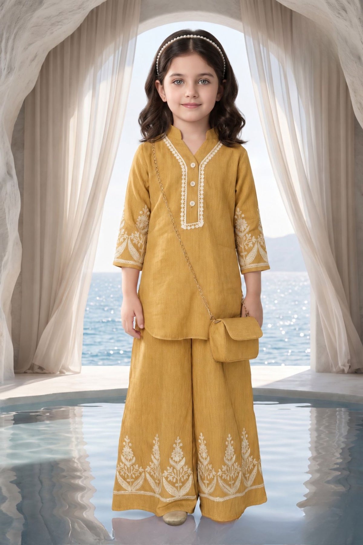 Mustard Floral Embroidered Co-ord Set For Girls