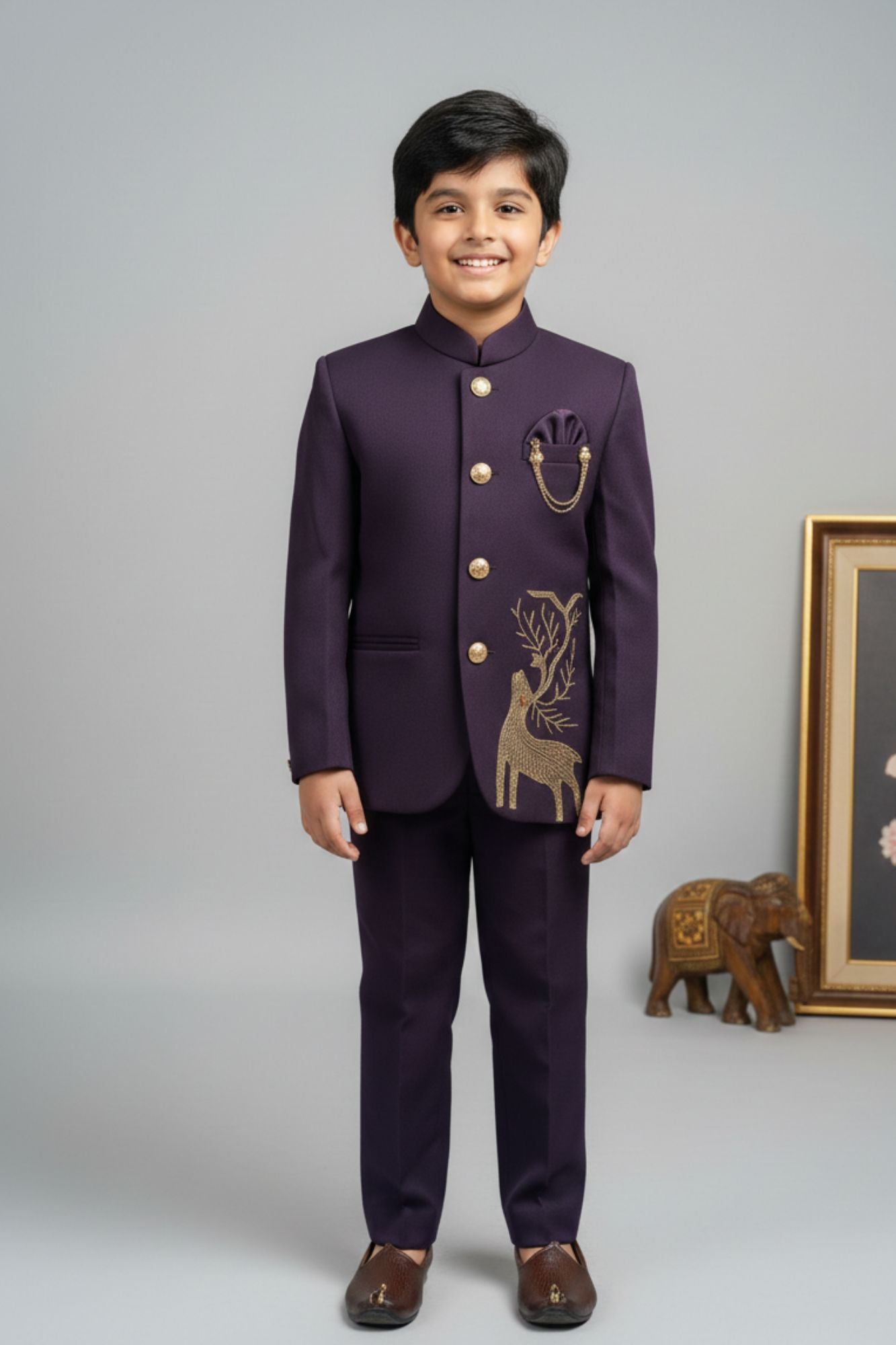 Designer Plum Purple Jodhpuri Suit Set With Royal Deer Motif For Boys