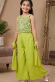 Lime Green Bead Embroidered Top And Flared Palazzo Set with Dupatta For Girls