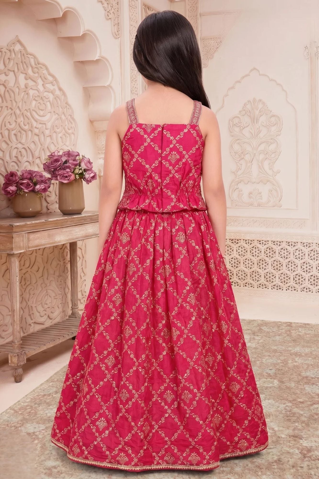 Girls Rani Pink Embroidered Lehenga Choli Set with Dupatta
