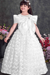 White Party Wear Gown with Statement Bow And Textured Skirt For Girls
