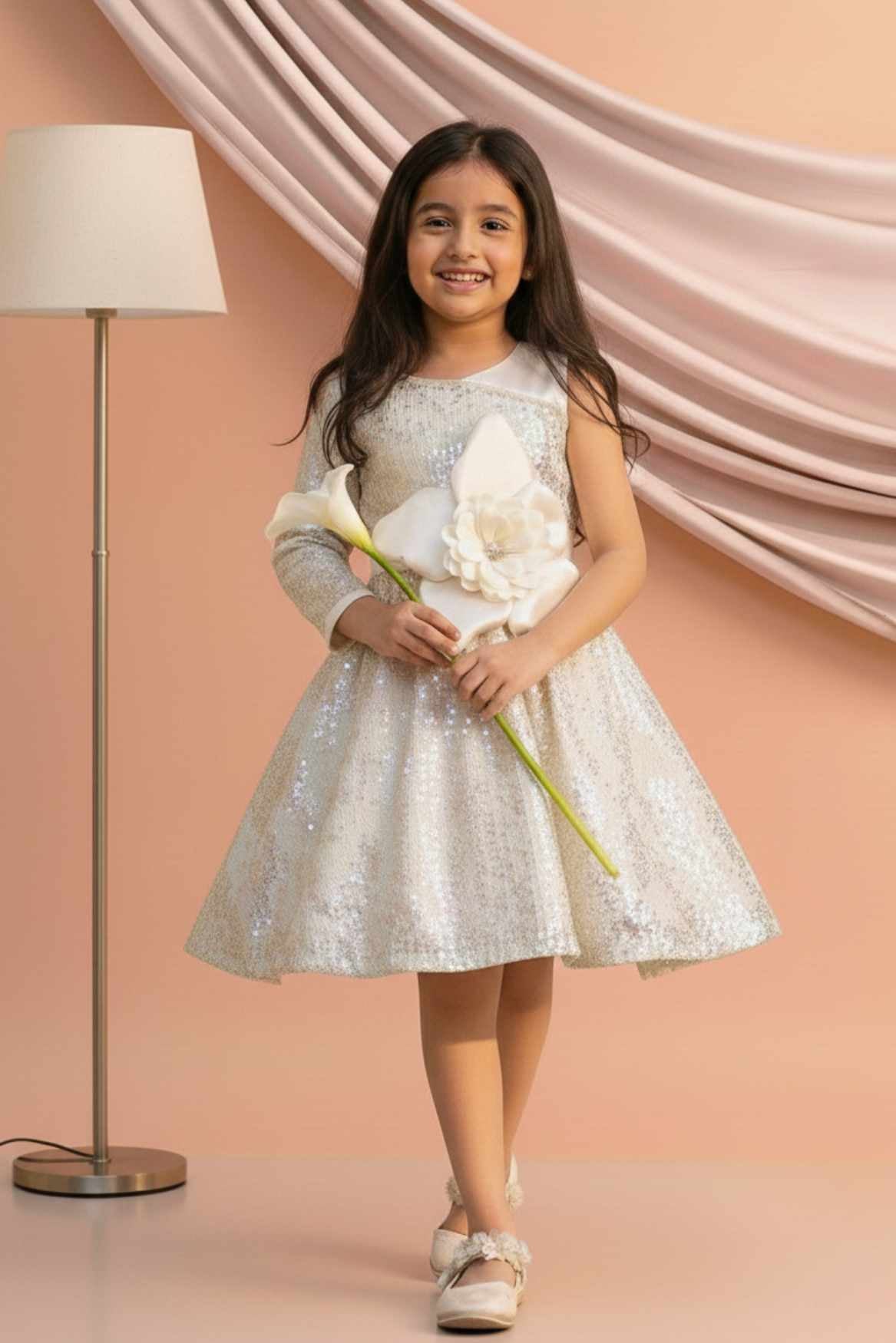 Cream One-Shoulder Sequin Party Frock with 3D Floral Waist Applique For Girls