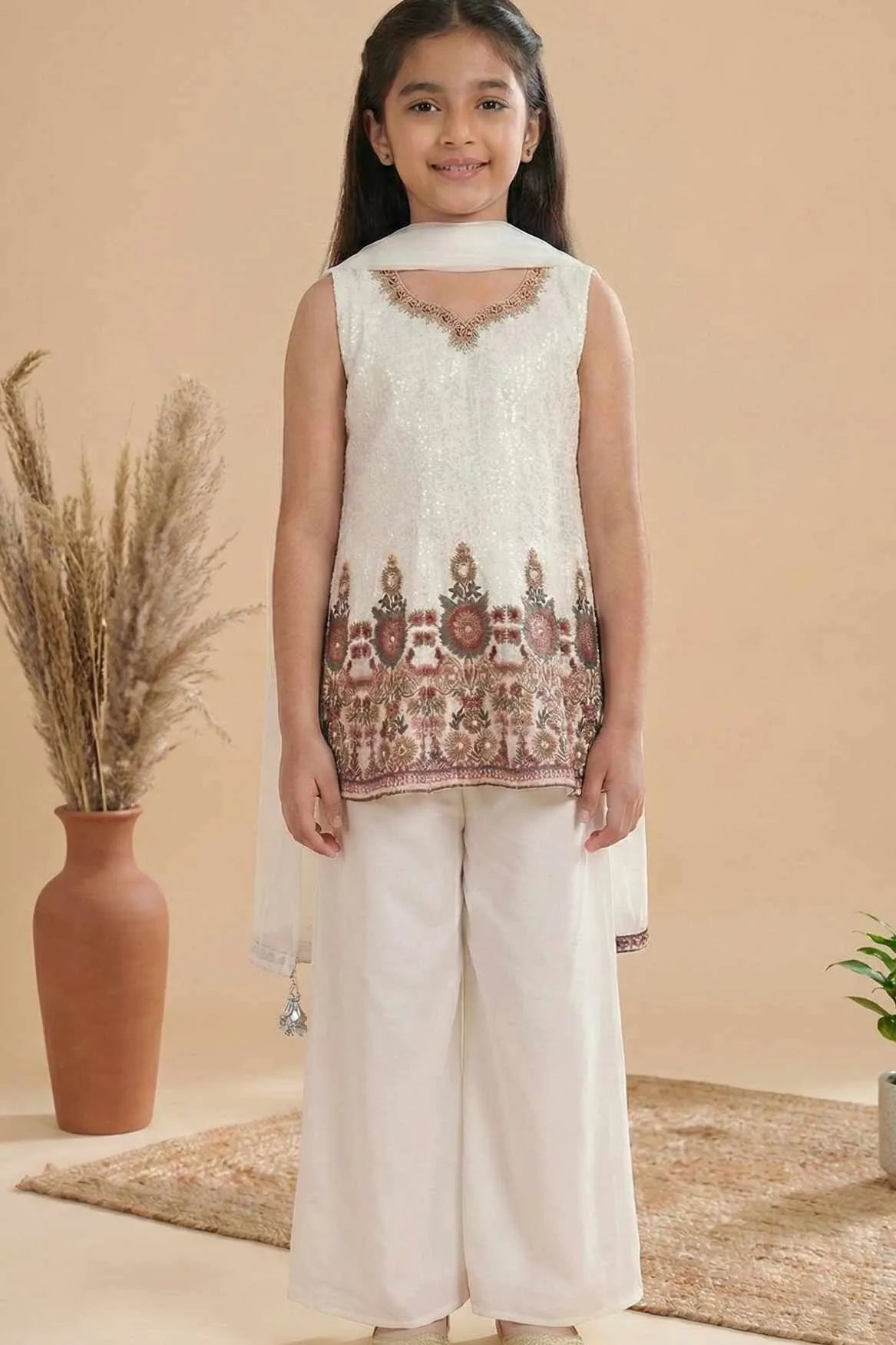 White Sequin Embroidered Palazzo Set with Dupatta For Girls