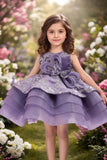 Lavender Layered Party Frock with 3D Floral Bow For Girls