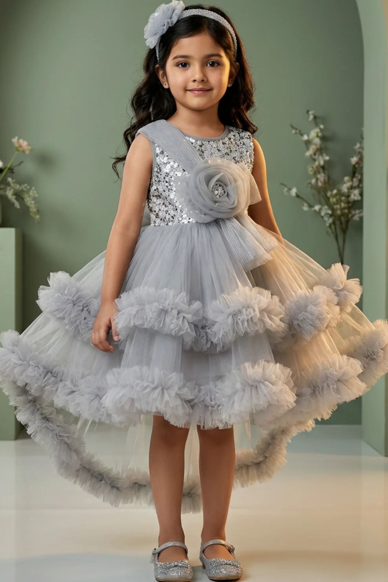 Girls Grey Sequin Embellished Party Frock with Tulle Layers and Floral Detail