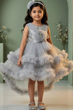 Girls Grey Sequin Embellished Party Frock with Tulle Layers and Floral Detail