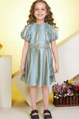 Green Shimmer Frock With Puff Sleeves For Girls