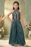 Girls Teal Blue Sequin Halter Crop Top with Palazzo Set