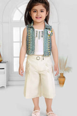 Cream Top And 3/4th Shorts Set With Crochet Overcoat For Girls