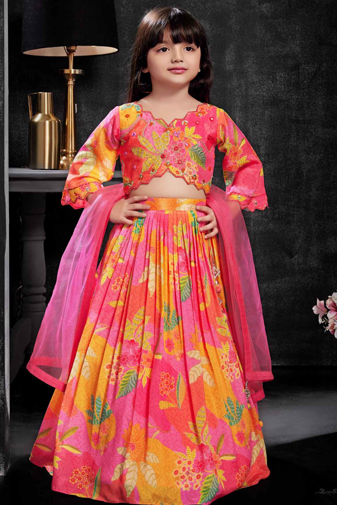 Pink and Orange Floral Printed Lehenga Choli Set with Dupatta