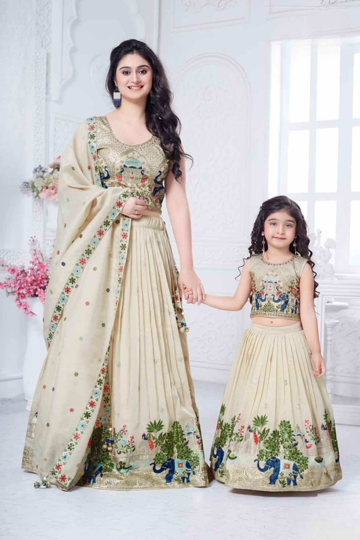 Cream Thread Embroidered Lehenga Choli Set For Girls