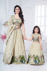 Cream Thread Embroidered Lehenga Choli Set For Girls