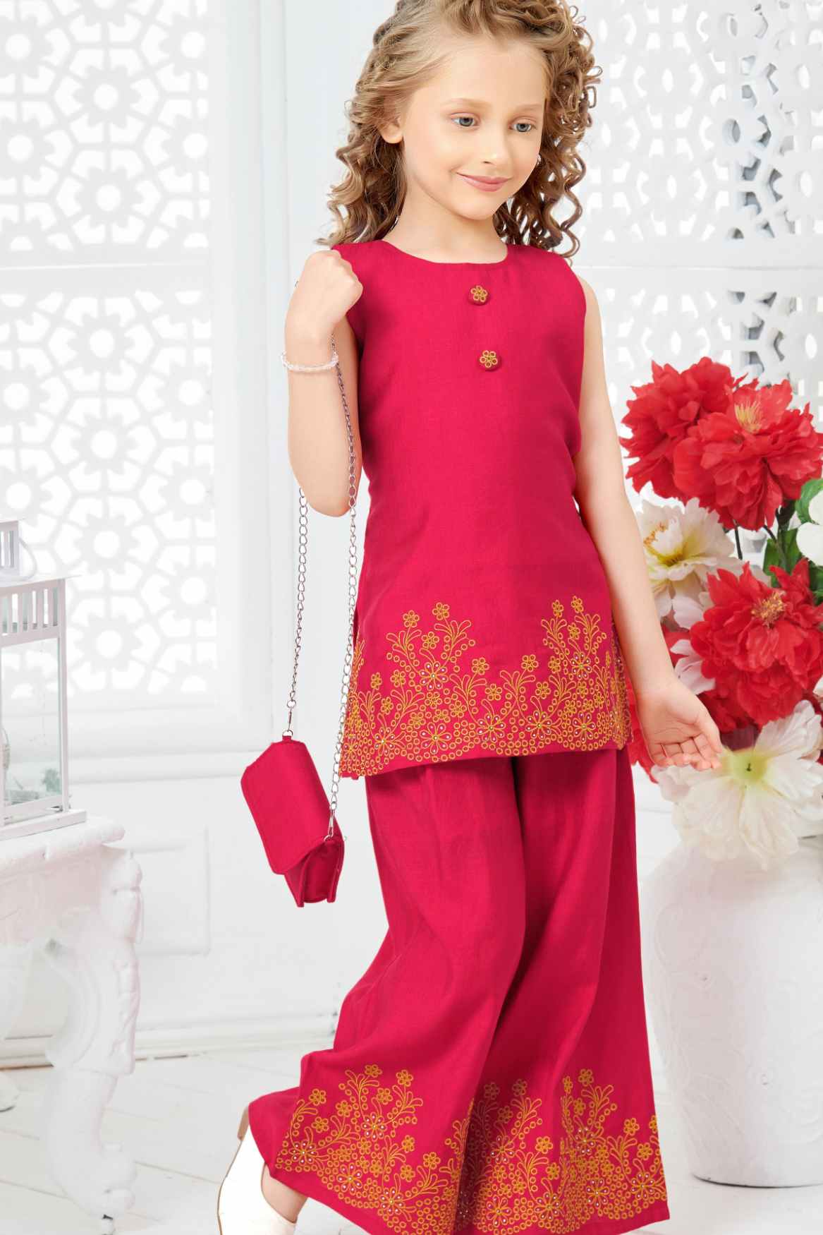 Rani Pink Floral Printed Palazzo Set With Sling Bag For Girls