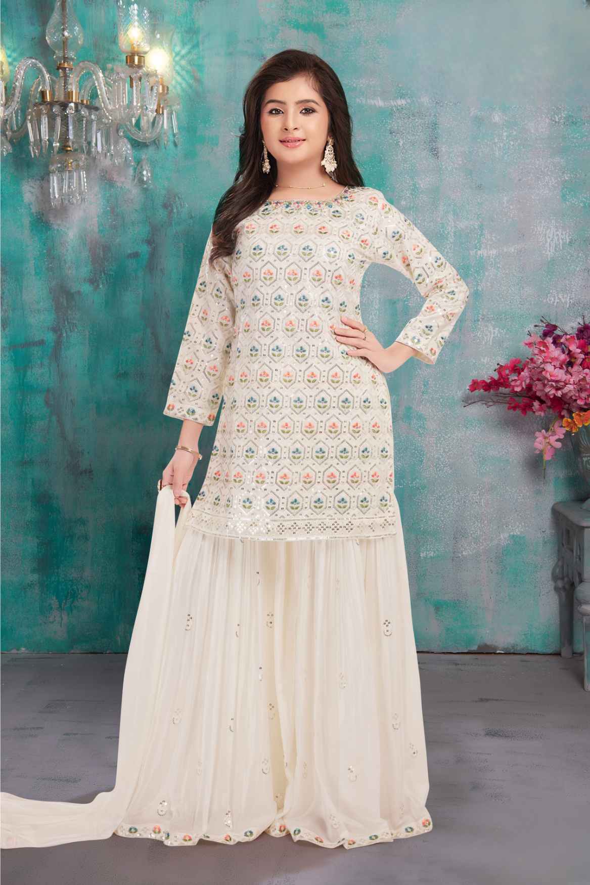 Luxe Cream Sequins Work With Thread Embroidered Sharara Set For Girls