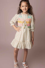 Cream Casual Wear Frock With Crochet Overcoat For Girls