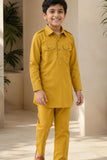 Mustard Yellow Pathani Set With Shirt Collar Design For Boys