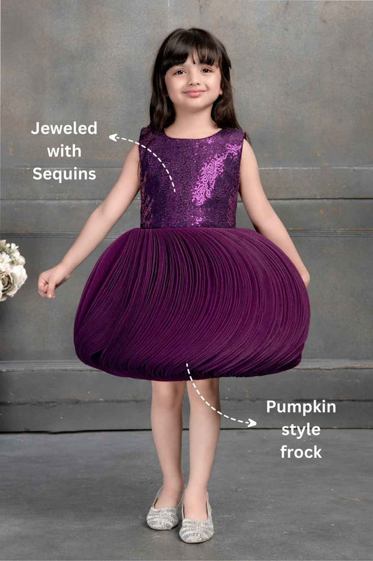 Elegant Wine Ballon Frock With Sequin Work For Girls