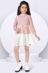 Stylish Pink Full Sleeves Sequins Worked Top With White Skirt Set For Girls