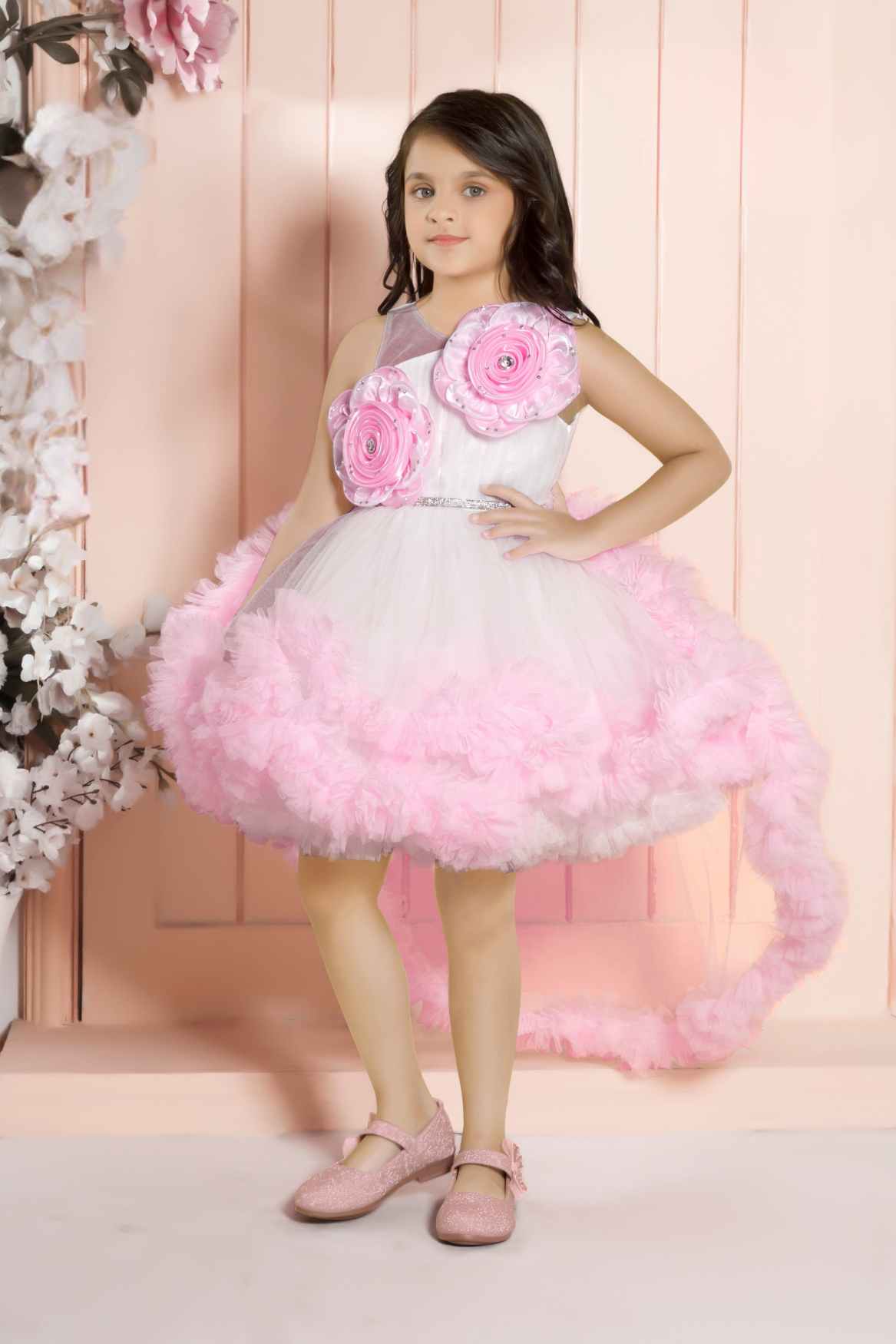 White And Pink Layered Party Frock With 3D Floral Embellished For Girls