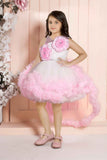 White And Pink Layered Party Frock With 3D Floral Embellished For Girls