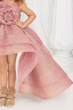 Shimmer Rose Gold High-Low Party Frock with Oversized Rosette For Girls