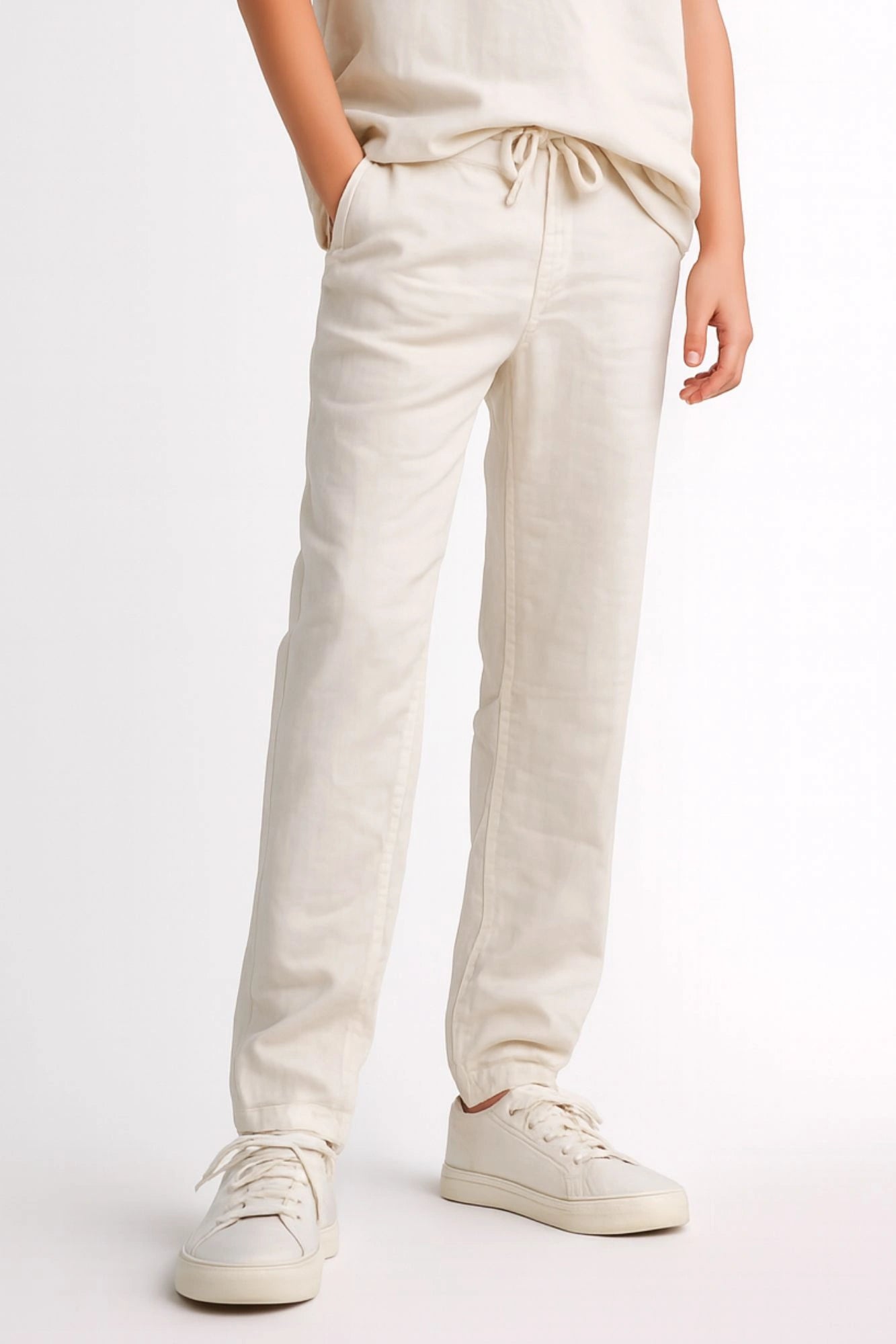 White Linen Straight-Fit Pants with Elastic Waist For Boys