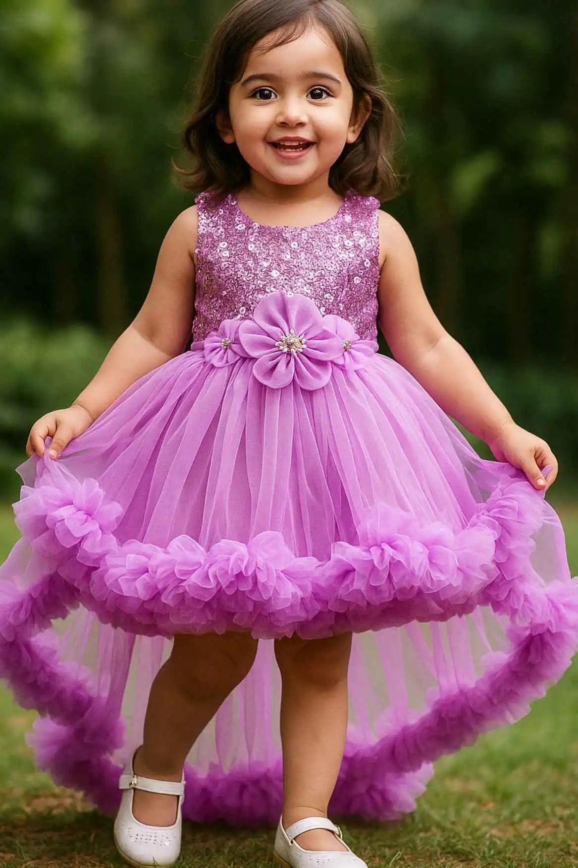 Lavender Sequin Bodice High-Low Party Frock with Ruffle Layers For Girls