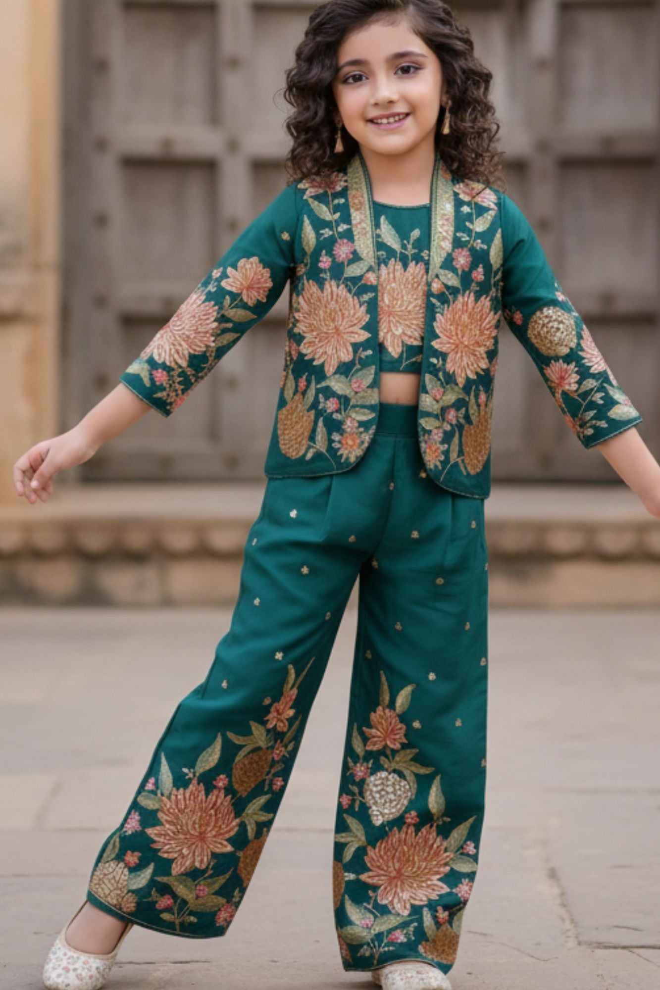 Rama Green Embroidered Ethnic Co-Ord Set With Jacket And  For Girls