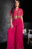 Luxe Rani Pink Sequins Work With Thread Embroidered Palazzo Set With Overcoat For Girls
