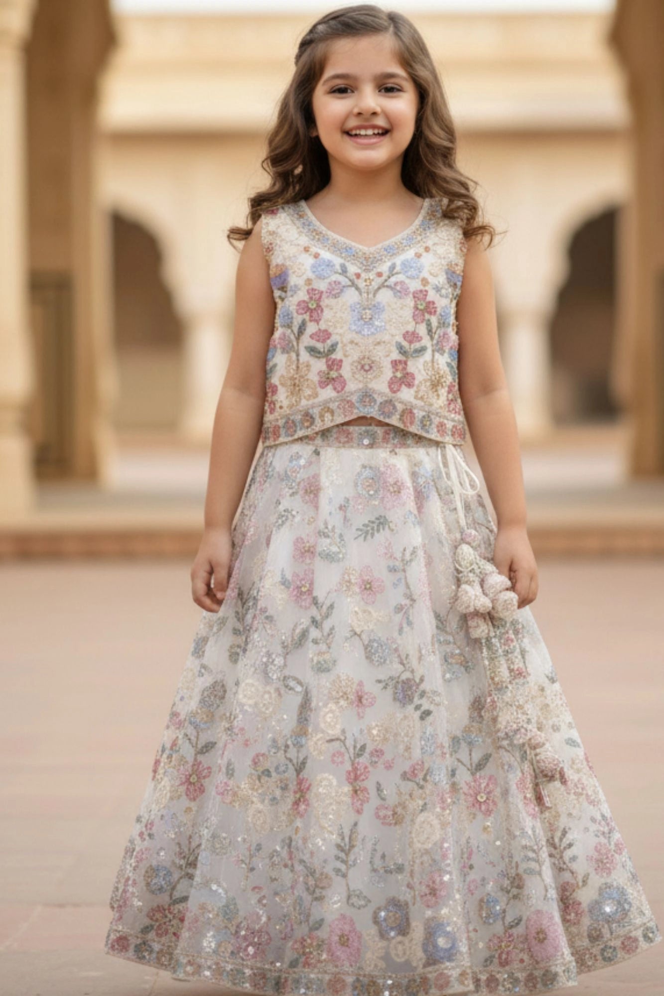 Cream And Pastel Embroidered Lehenga Choli for Girls