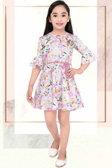 Pink 3/4th Bell Sleeves And Floral Printed Frock For Girls